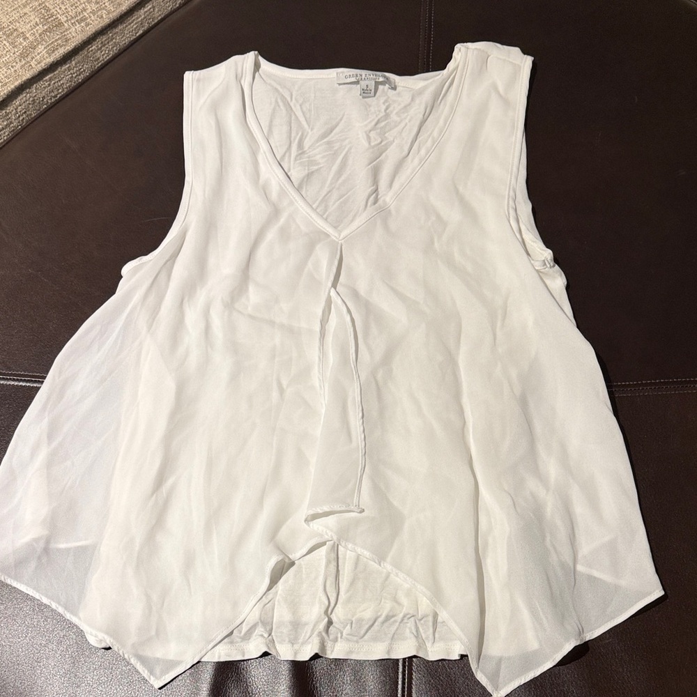 Green Envelope White V-Neck Blouse